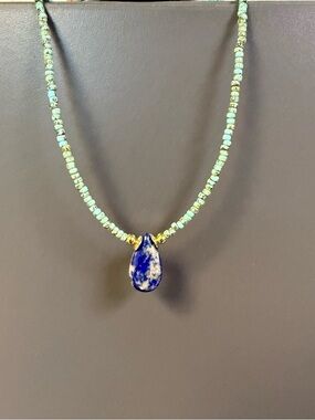 Handmade Amazonite Beads Necklace with Blue Lapis Teardrop